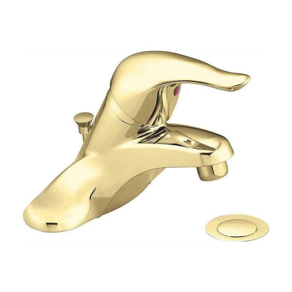  MOEN Chateau 4 in. Centerset Single Handle Low-Arc Bathroom Faucet in Polished Brass with Metal Drain Assembly