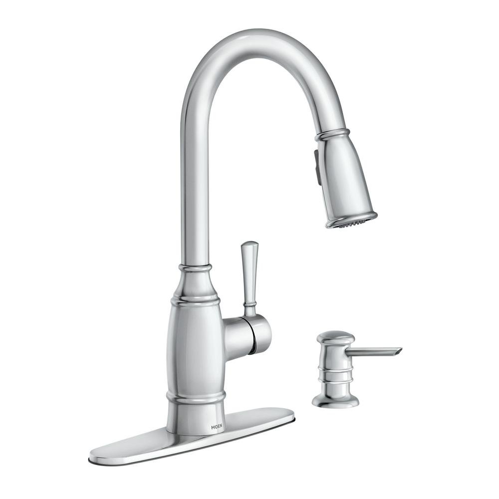 moen Noell Single-Handle Pull-Down Sprayer Kitchen Faucet with Reflex and Soap Dispenser in Chrome