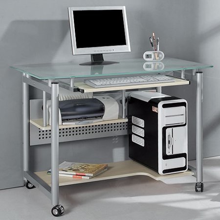 Techni Mobili Rolling Computer Desk Glass and Silver